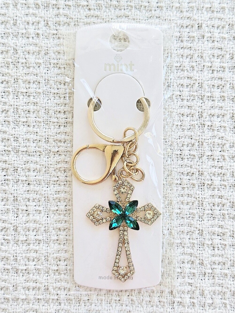 Cross Rhinestone Keychain/Bag Charm With Green Accents by Mint - Picture 1 of 1